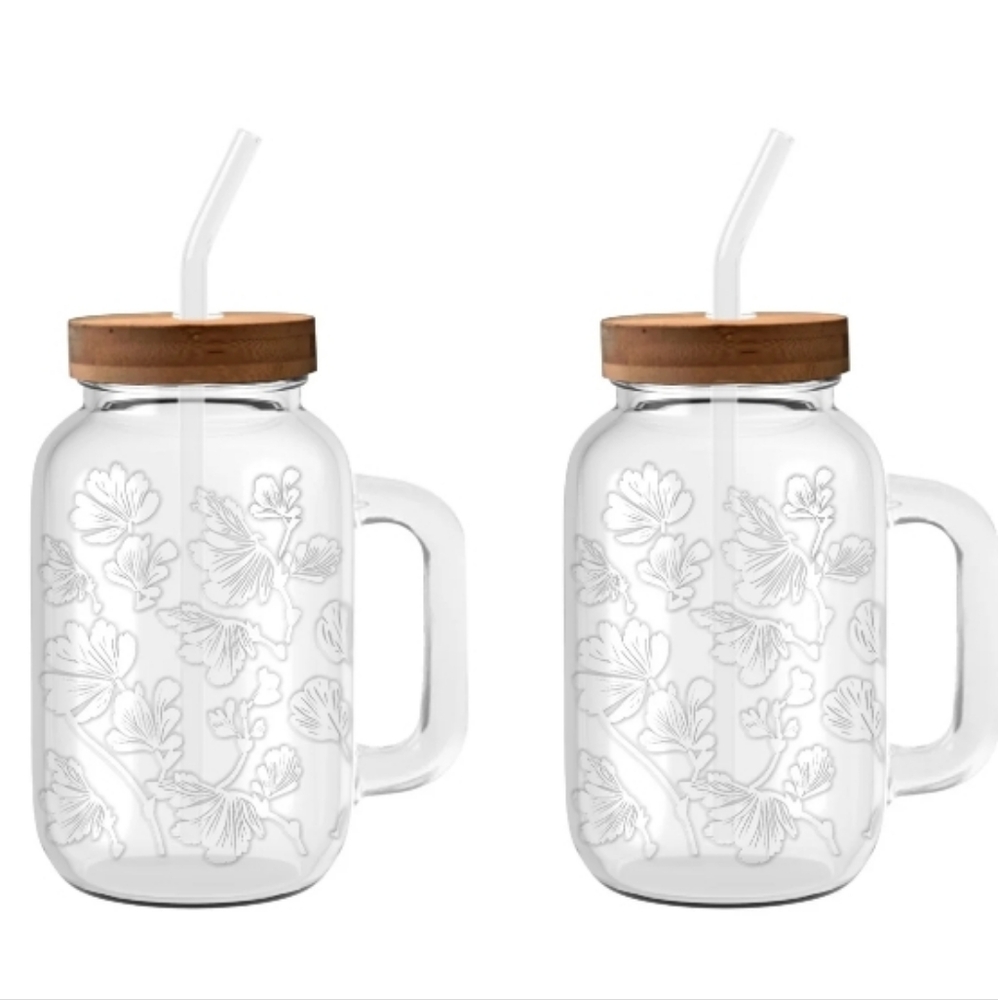 💕 2 Pack Pioneer Woman Palmer Glass 32oz Tumblers With Lids And Straws